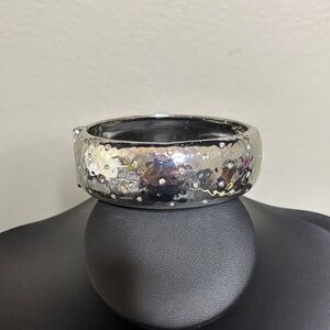 Silver Hammered Rhinestone Clamper Statement Bangle Bracelet